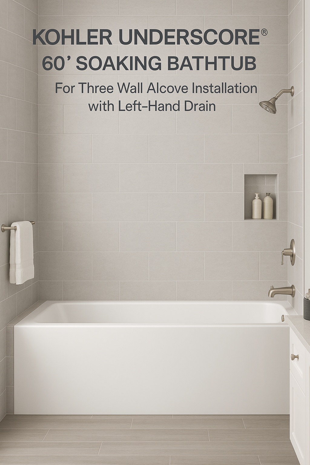 Kohler Underscore 60" Soaking Bathtub for Three Wall Alcove Installation with Left Hand Drain