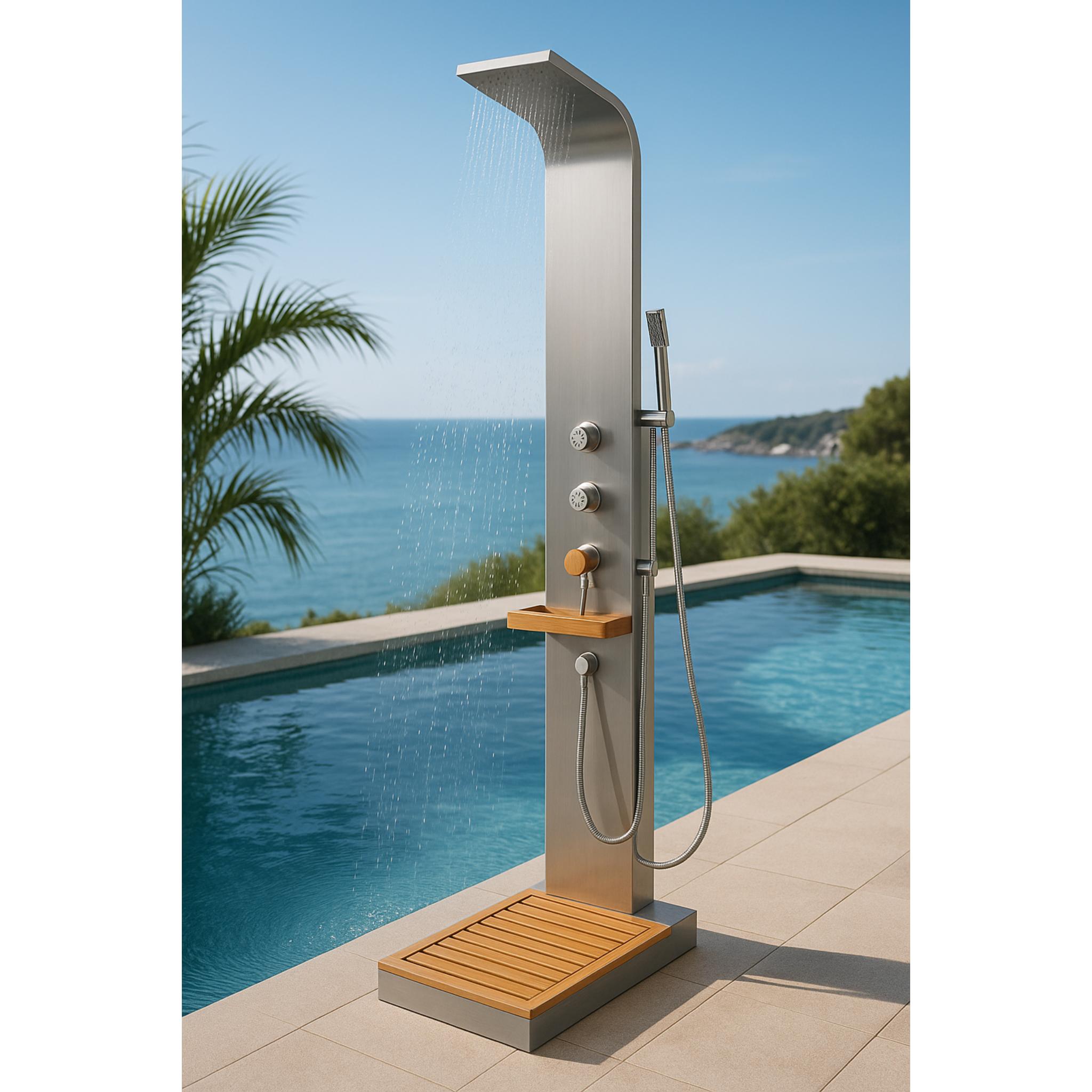 Outdoor Stainless Steel Shower Panel with Bamboo Tray