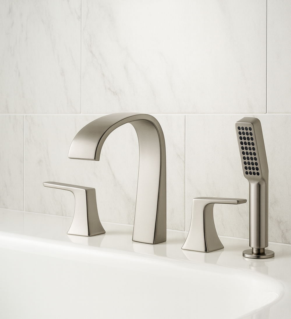 Widespread Deck Mounted Roman Tub Filler with Built-In Diverter - Includes 1.75 GPM Hand Shower