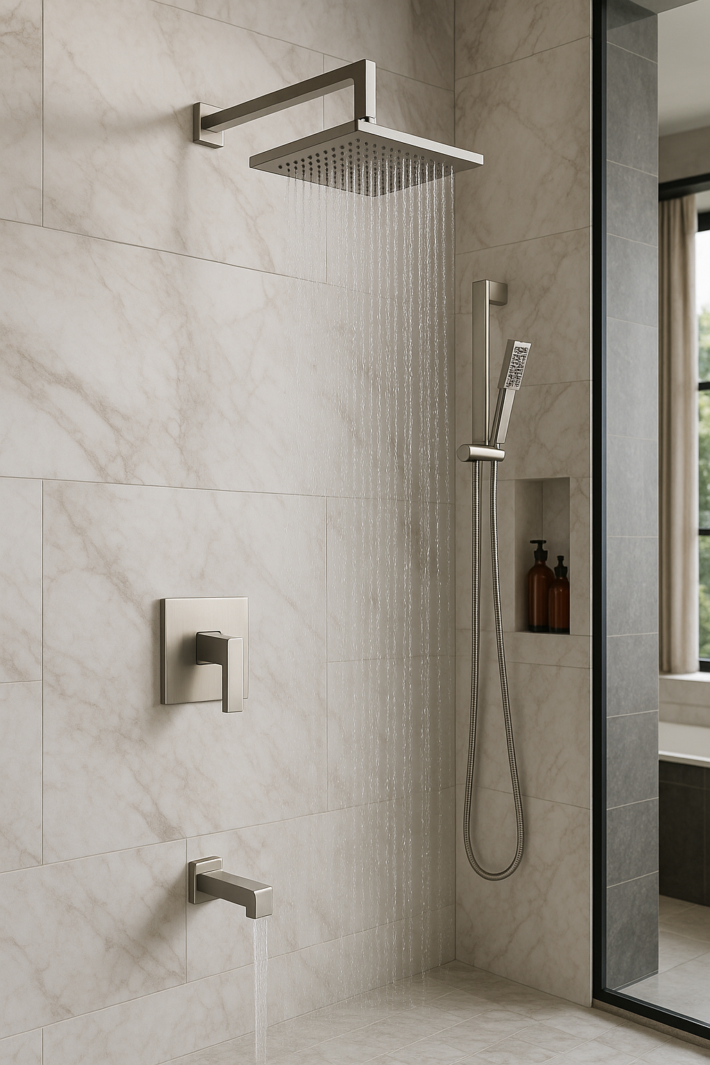 90 Degree Shower System with Rain Shower, Arm/Flange, Controller, and Valve